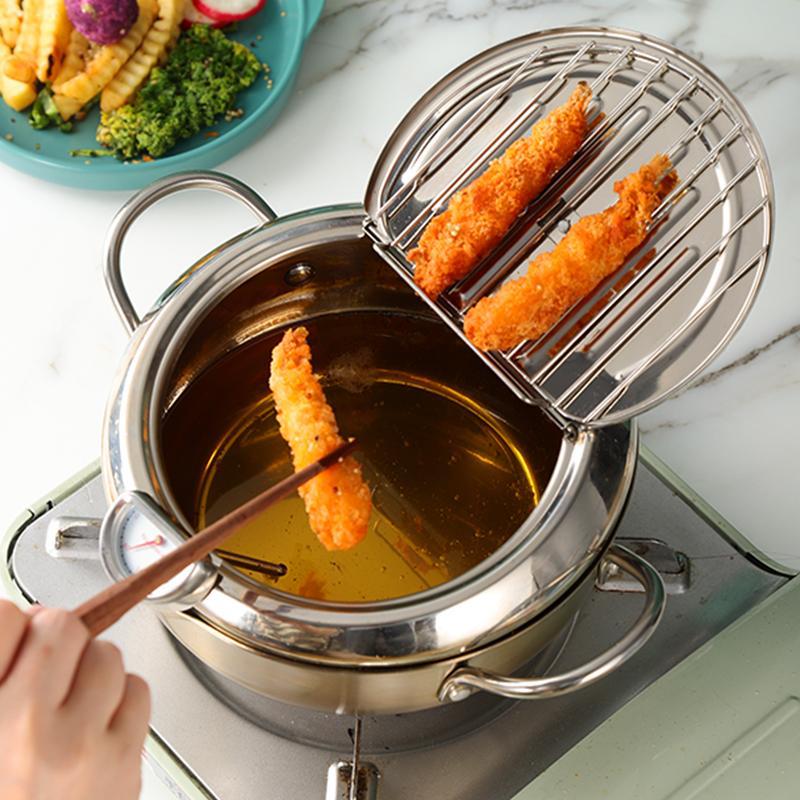 Fryer Pot with Thermometer Tempura Fryer Pan Kitchen Deep Frying Pot With Oil Drain Rack Kitchen Utensils Cookware