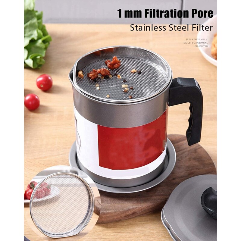Bac à graisse avec tamis, Pot à huile en acier inoxydable, pour stockage huile de cuisson ou de friture,(1.7L)