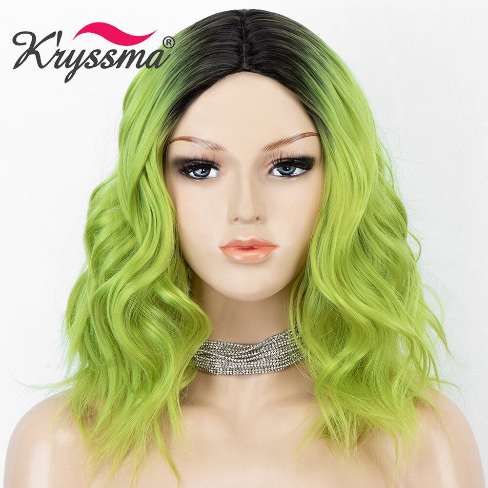 Kryssma Short Bob Wigs Cosplay Wigs Short Wavy Synthetic Wigs For Women Ombre Green Wig With Middle Part Heat Fiber Hair Wig: 1 PC