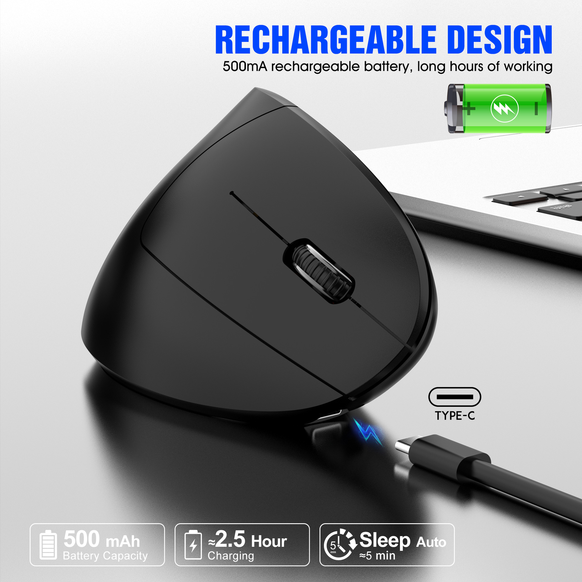 Wireless Vertical Mouse Bluetooth 2.4G Dual Mode 6 Keys Ergonomic 2400 DPI RGB Backlight Type C Muted Click Gaming H1