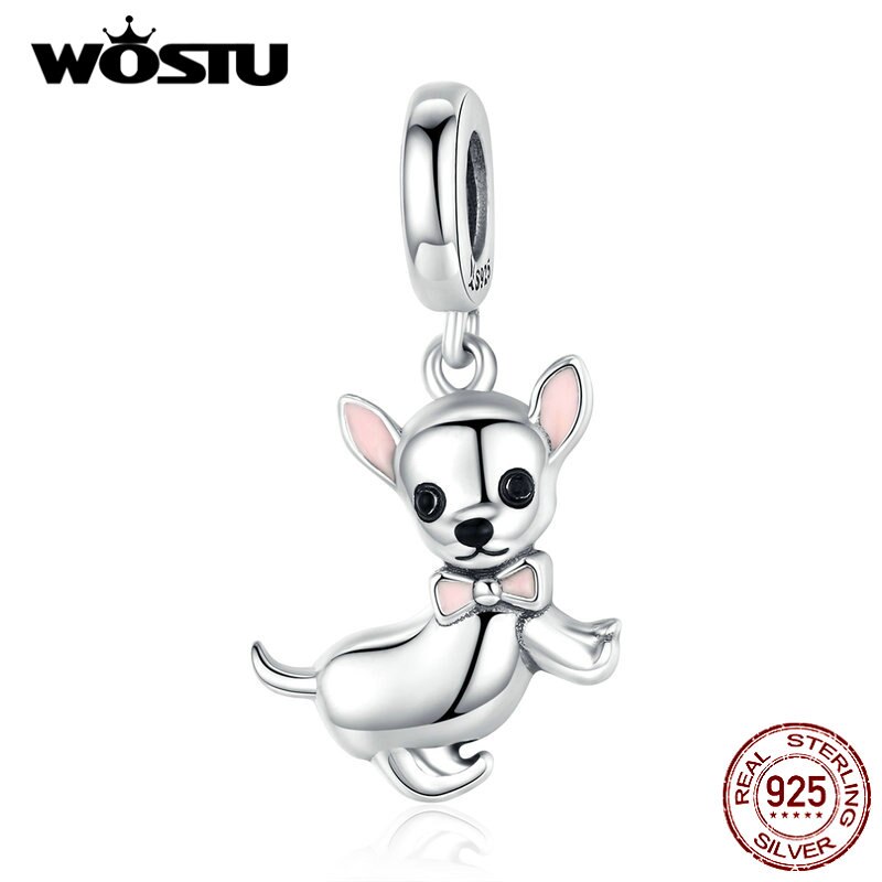 WOSTU Authentische 925 Sterling Silber Chihuahua Hund Charme passen Original Armbinde DIY Perlen Halskette Anhänger Schmuck, Der FIC1317