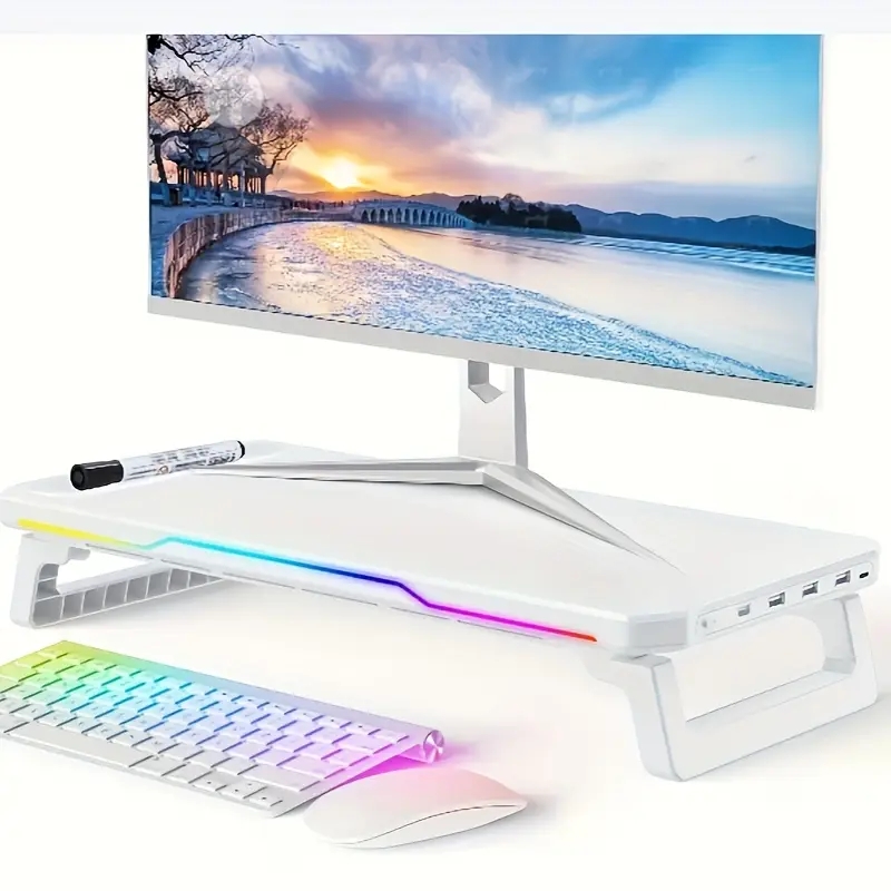 ITLY RGB-monitorstandaard met 3 USB-poorten Gegevensoverdracht Opladen Desktop Organizer voor pc en laptops tot 19,6 inch NIEUW: WHITE