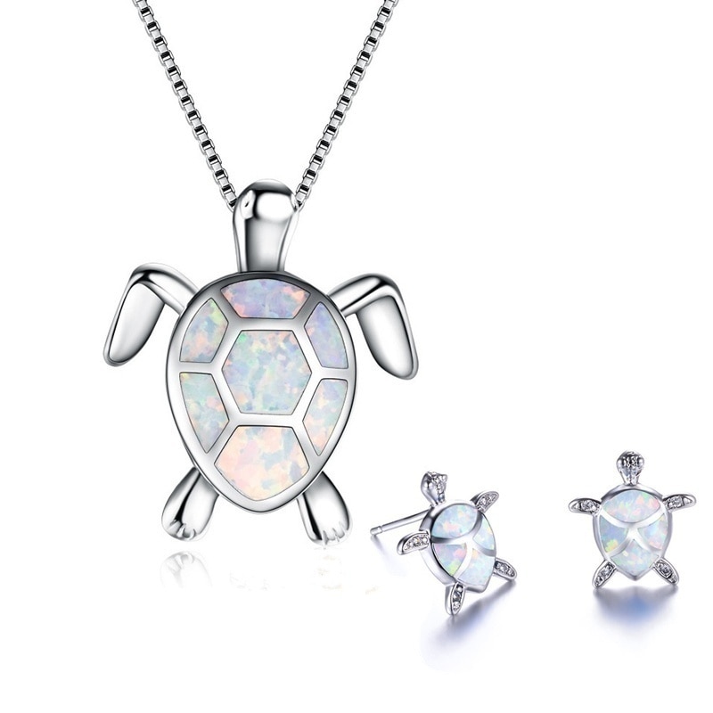 Classic Cute Sea Turtle Necklace Earrings jewelry set Trendy Animal Fire Opal Stud Earring for girl women best: white