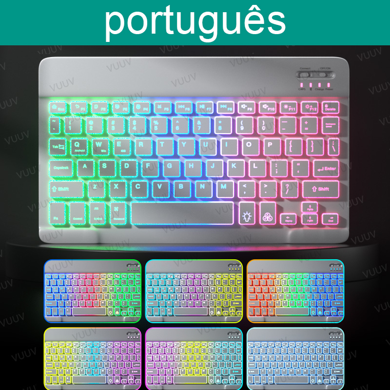 Teclado retroiluminado de arco iris para tableta, teléfono, portátil, español, ruso, portugués, inalámbrico, Bluetooth, para Xiaomi, Samsung: White 01 Portuguese