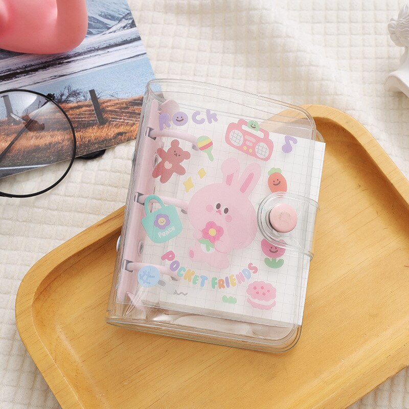 Korean Mini 3 Hole Binder Loose-leaf Notebooks and Journals Pocket Pvc Transparent to Do List Check Notepad School Stationery: pink