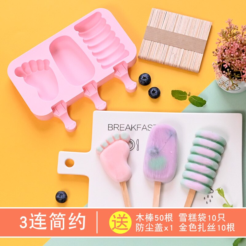 Cute DIY Ice Cream Mold Kit with 50 pcs Wood Sticks Food Grade Silicone Ice Tray Ice Cream Maker for Kitchen Supplies: J-50sticks