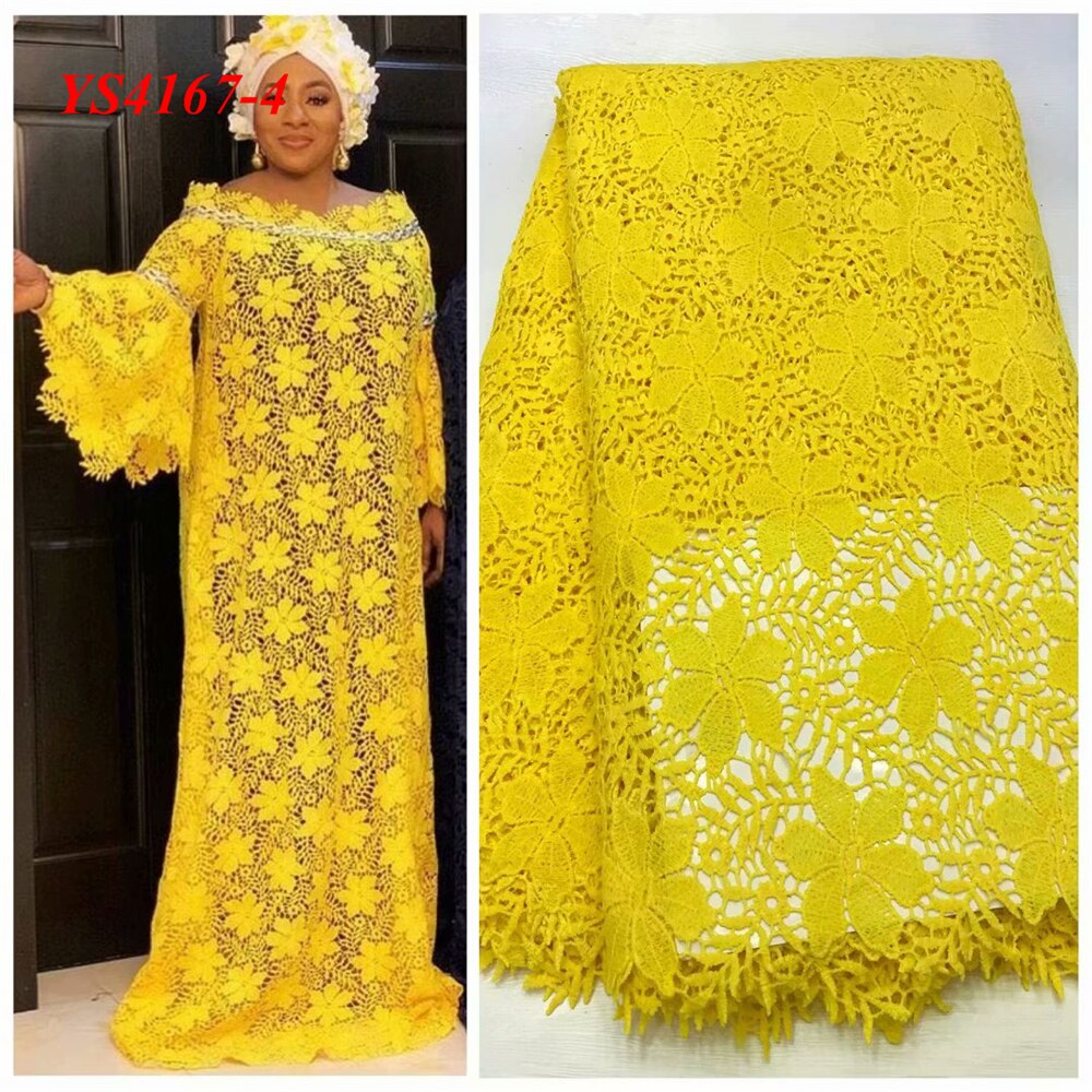Style de africain si belle couleur jaune guipure robe de soirée dentelle 5 yards utilisation pour robe de mariée