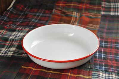D 22 cm deep plate Enamel deep dish baking dish pasta dish round deep white with blue red side 8.5 inches