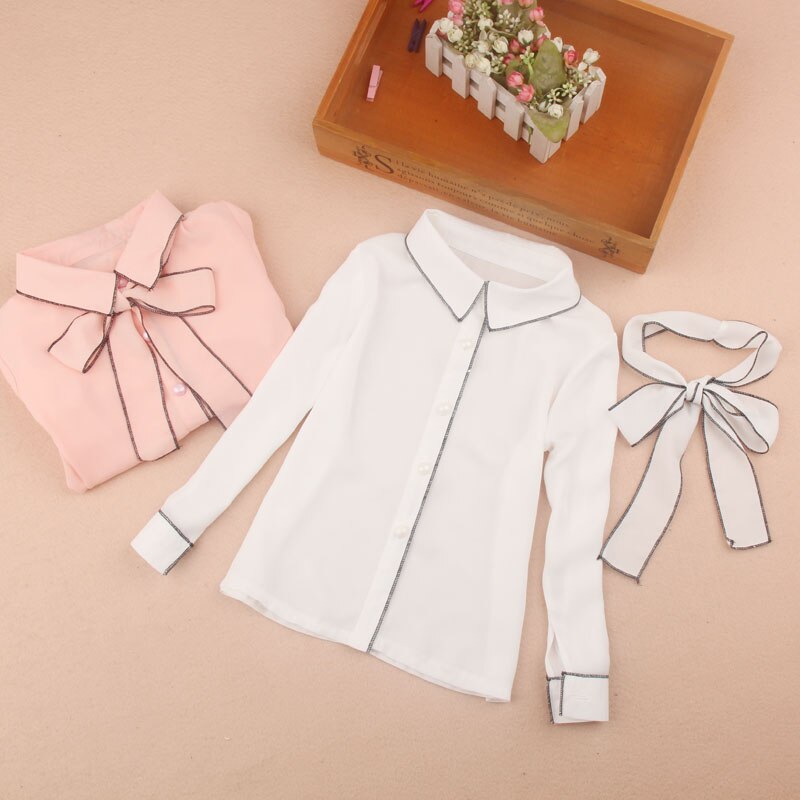 Vestiti delle ragazze 2019 Bambini di Autunno Che Coprono Le Ragazze Camicetta Bambino Camicette Chiffon Bianco Camicetta Carino Fiocco Blusas Abbigliamento Per Bambini 2-16Y