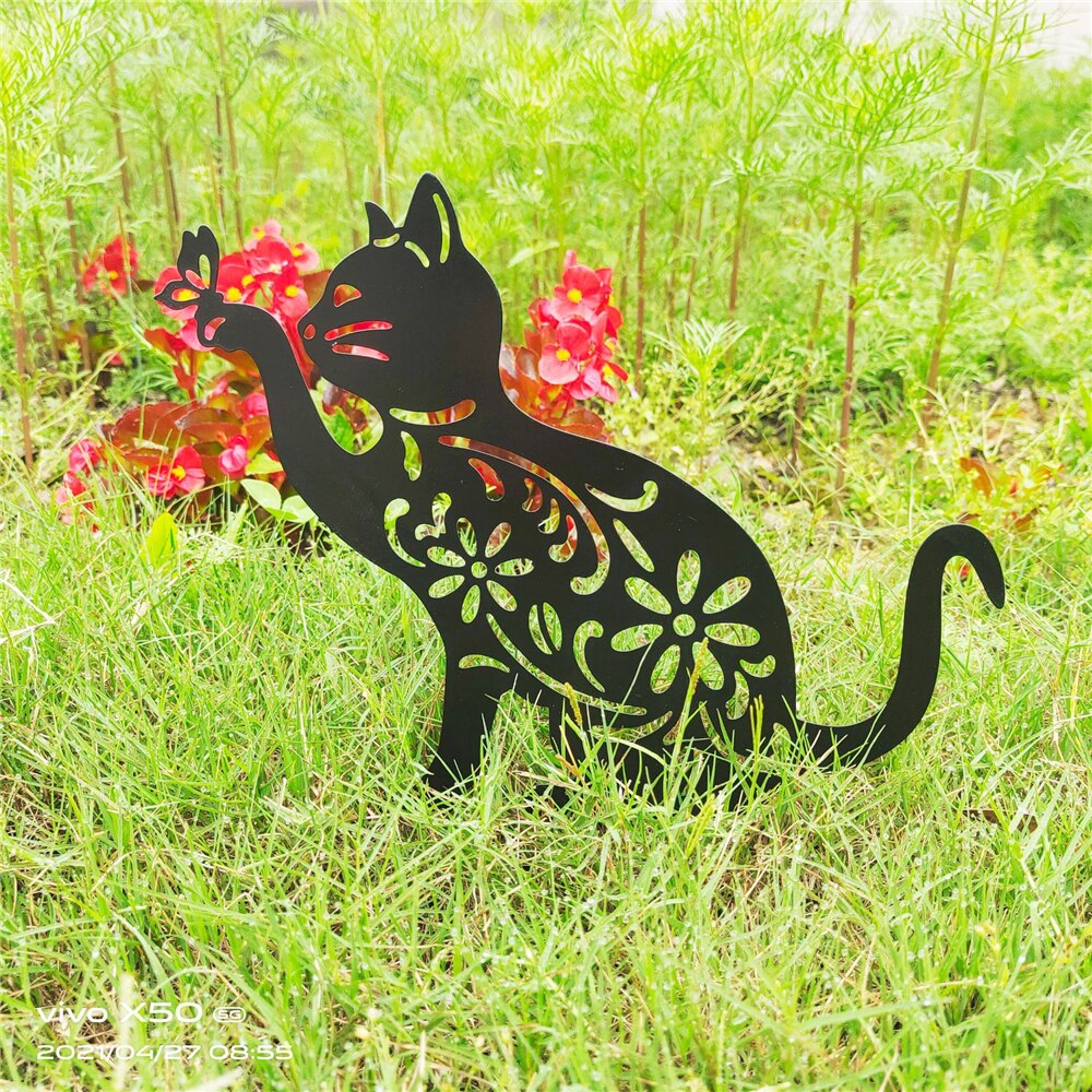Metal Black Cat Iron Crafts Outdoor Decoration Outside Decor Patio Yard Garden Ornaments