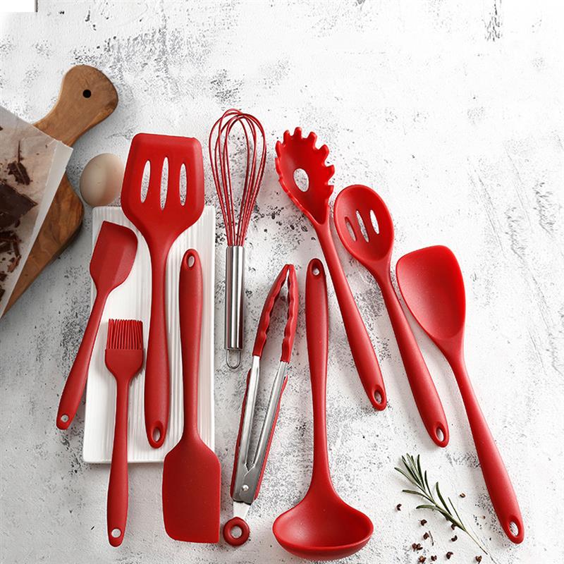 Ustensile de cuisine rouge Silicone Premium ustensile en acier inoxydable résistant à la chaleur antiadhésif sûr ustensiles de cuisine maison outil fournitures de cuisine