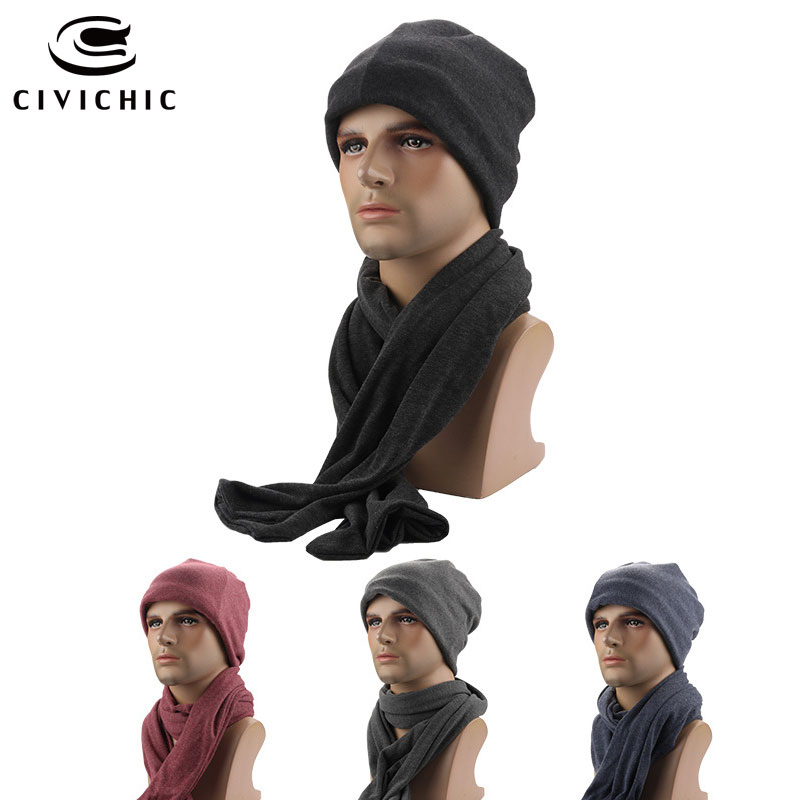 Civichic bomuld solid forår efterår vinter tørklæde hat 2 stykke sæt mænd og kvinder hoved cap hals sjal fleece hovedbeklædning  sh129