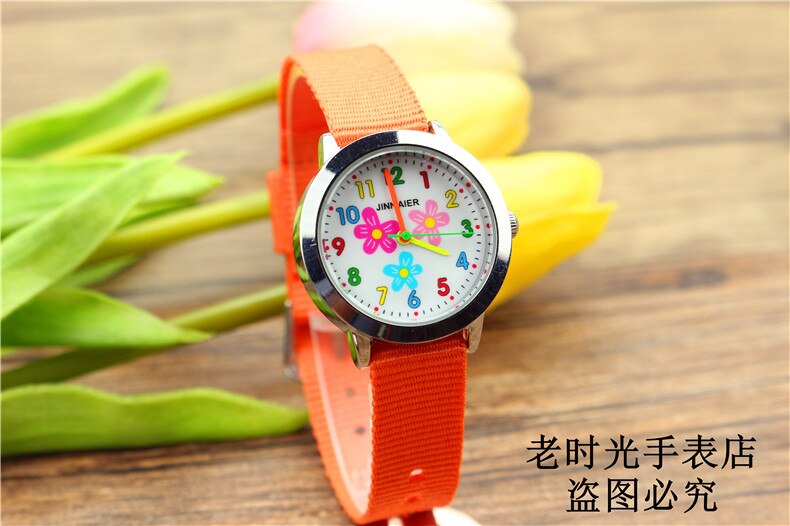 simple boys and girls learn to time number quartz watch kids luminous hands tutor nylon sports Dibujos de reloj: flower orange