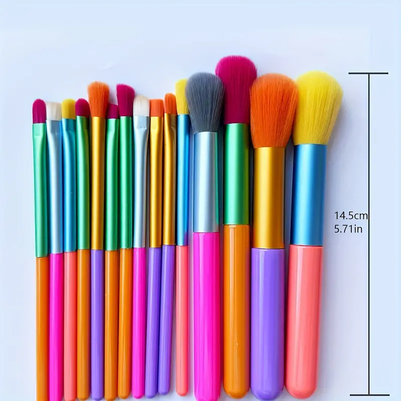 A set of 15 rainbow makeup brushes suitable for beginners - wand style , alcohol free polyester bristles,