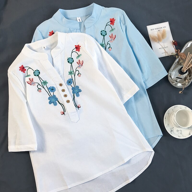 Korte Mouw Blouses Zomer Geborduurde Shirts Vrouwen Kleding V-hals Mode Bloemen Vrouwen Tops Slanke Shirts 0537 40