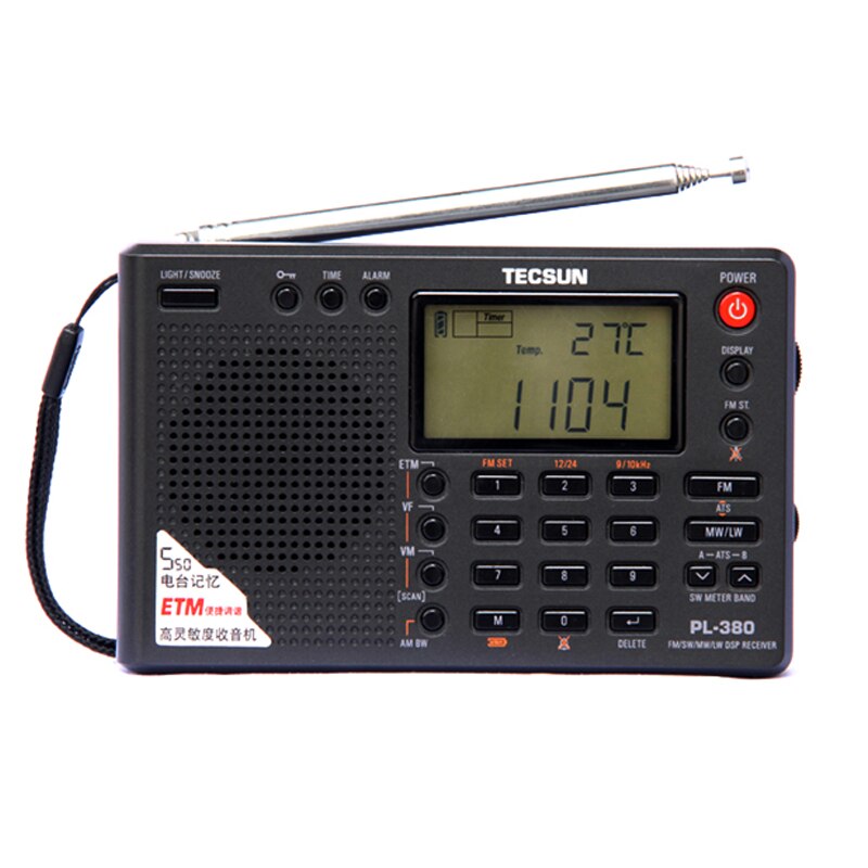 Tecsun pl -380 dsp pll fm mw sw lw digital stereo radio världsbandsmottagare radio bärbar fullband stereo liten radio: Svart