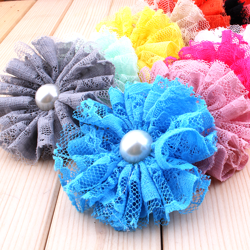 5 teile/los 7 cm 15 farben Ausgefranste Mesh Spitze Blumen Mit Perle Für Haar Zubehör Shabby Künstliche Stoff Blumen Für stirnbänder: mehrfarbig