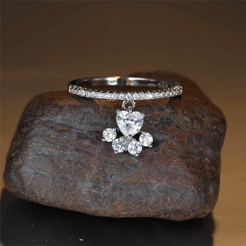 Bague patte de chien en Zircon blanc, pendentif patte de chat mignon, anneau en pierre de cœur d&#39;amour, Vintage, couleur or argent, empreintes d&#39;animaux pour femmes