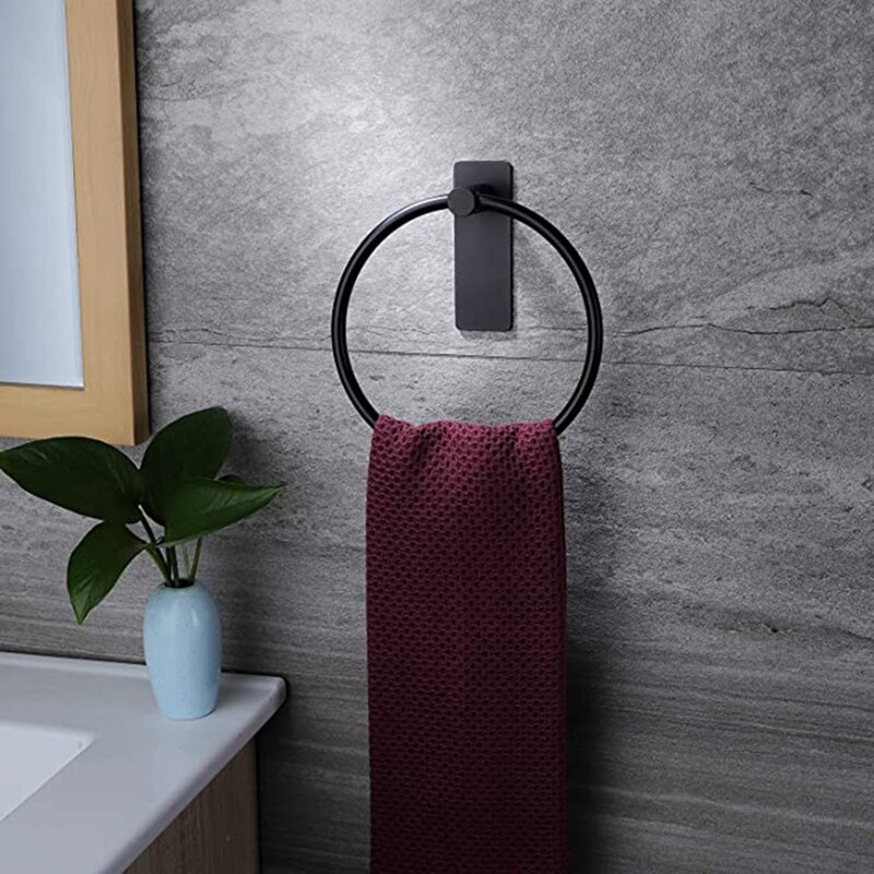 Towel Ring/Hand Towel Holder - Self Adhesive Round Towel Rack Black Hand Towel Bar for Bathroom, Stainless Steel