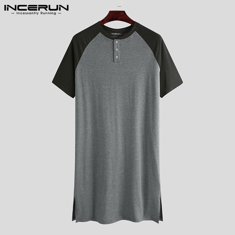 Man Sleep Tops Summer Short Sleeve Round Neck Patchwork Sleepclothes Men Sleepwear Nightshirts Loose Nightwear Homewear INCERUN: Grey / XXL