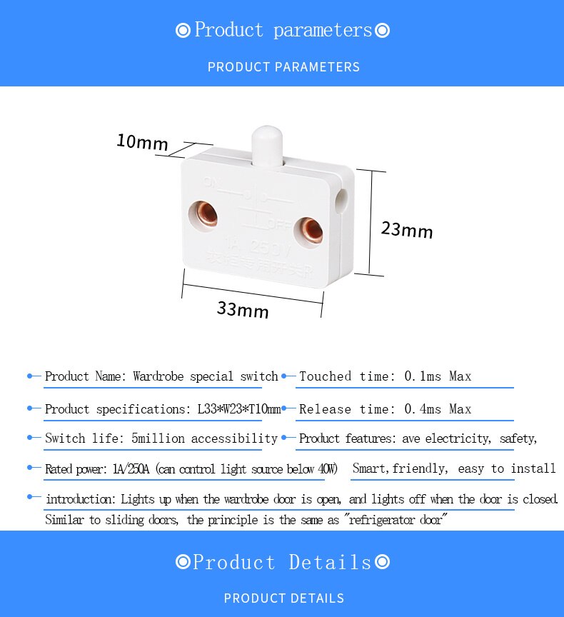 10pcs Wardrobe Light Switch Door Switch Automatic Lighting For Bedside Table Wine Cabinet Cupboard Door Control