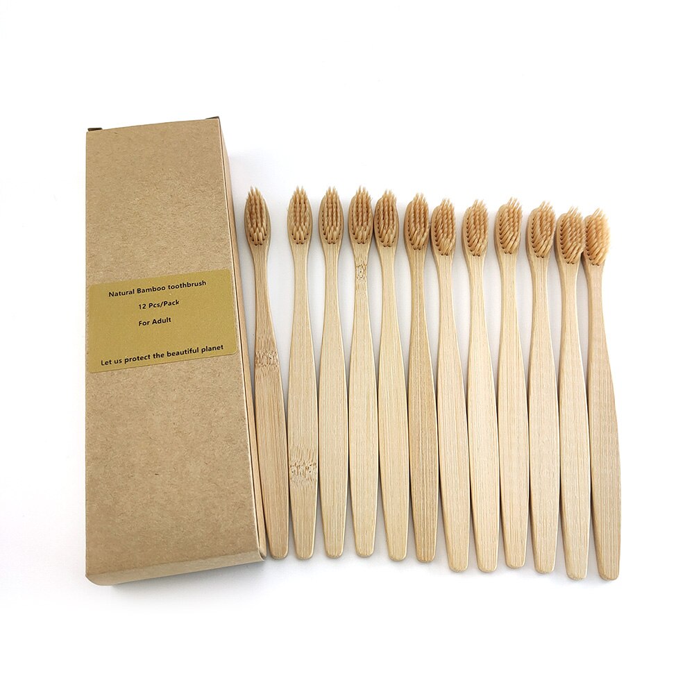 Brosse à dents en bambou , fibre souple, manche en bambou solide, , santé buccale, voyage, 12 pièces/paquet: 1200-M-1