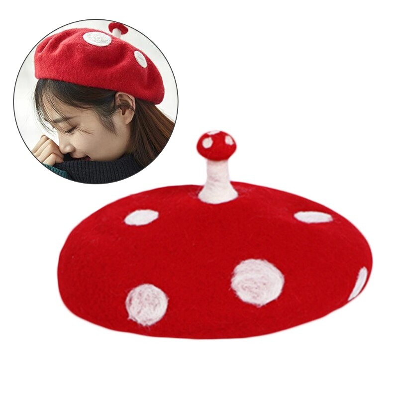 Vrouwen Kids Novelty Leuke Kleine Paddestoel Rode Baret Cap Handgemaakte Faux Vilt Wol Witte Punt Vintage Schilder Beanie Hoed