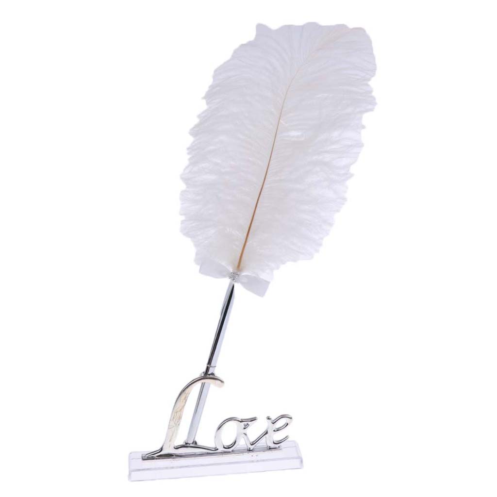 Pluma de firma de libro de invitados pluma blanca de boda con soporte de amor dorado