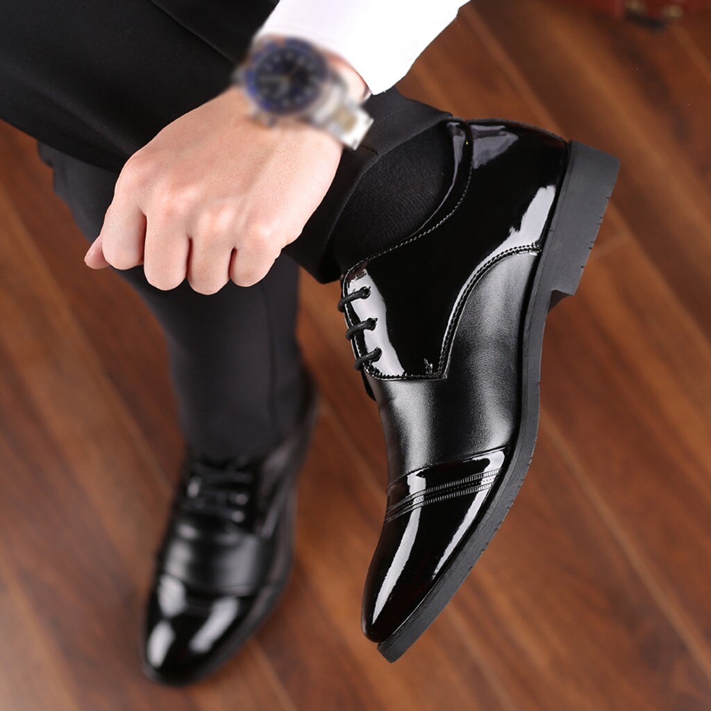 Black Leather Boots Men High Heel Pointed Toe Lace-up Boots Business Wear Square Heel Shoes No Grinding The Feet G3
