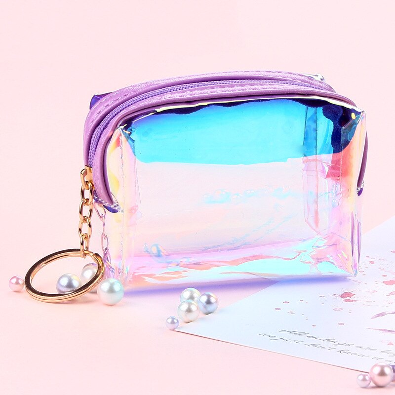 FUDEAM, monedero transparente de PVC con cremallera para mujer, Mini llavero adorable para niñas, cuadrada, monedero, bolsa para auriculares con Cable USB: Purple