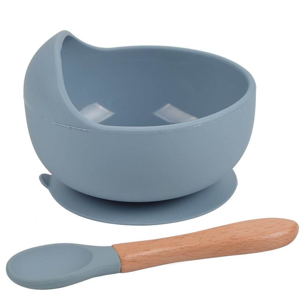 1 zestaw silikonowa miska do karmienia niemowląt zastawa stołowa wodoodporna łyżka antypoślizgowe naczynia silikon bez BPA naczynia dla miska dla dzieci talerz dla dzieci: gray blue