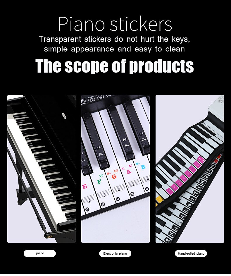 Transparent PVC Music Decal Notes Piano Keyboard Stickers 37 49 54 61 88 Keys Accessories for Electronic Piano Roll Up Piano