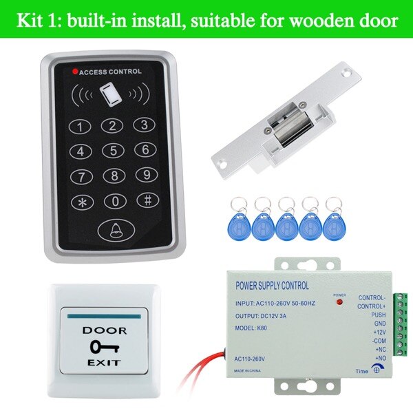 Waterproof RFID Access Controller T11+Electric Control Lock+3A/12V Power Supply+Exit Button+5pcs Key Cards+Door Holder+Bracket: T11Kit1