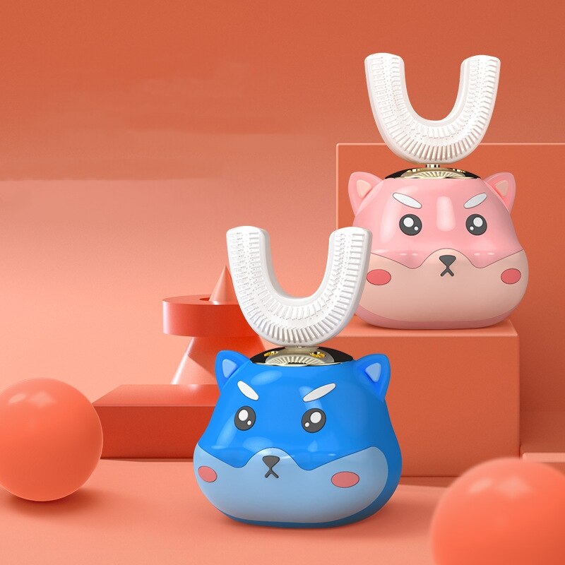 Cepillo de dientes eléctrico ultrasónico de grado alimenticio cabezal de cepillo de silicona para niños 360 grados de dibujos animados Linda mascota en forma de U cuidado de los dientes