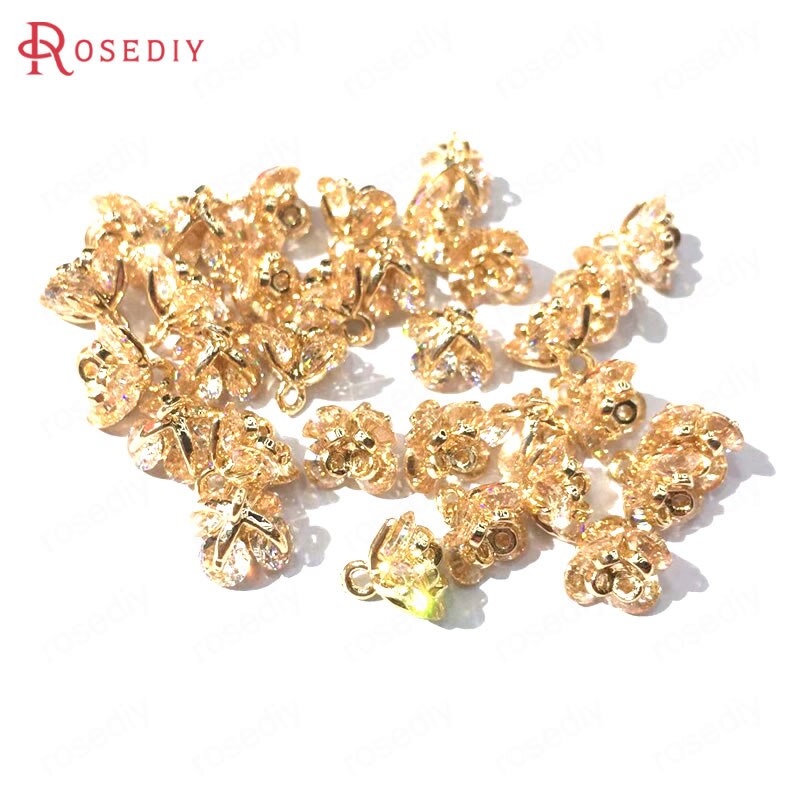 (37101)6PCS 7x7MM 24K Champagne Gold Color Brass and Zircon 3D Flower Charms Pendants Jewelry Making Supplies Diy Accessories: Champagne