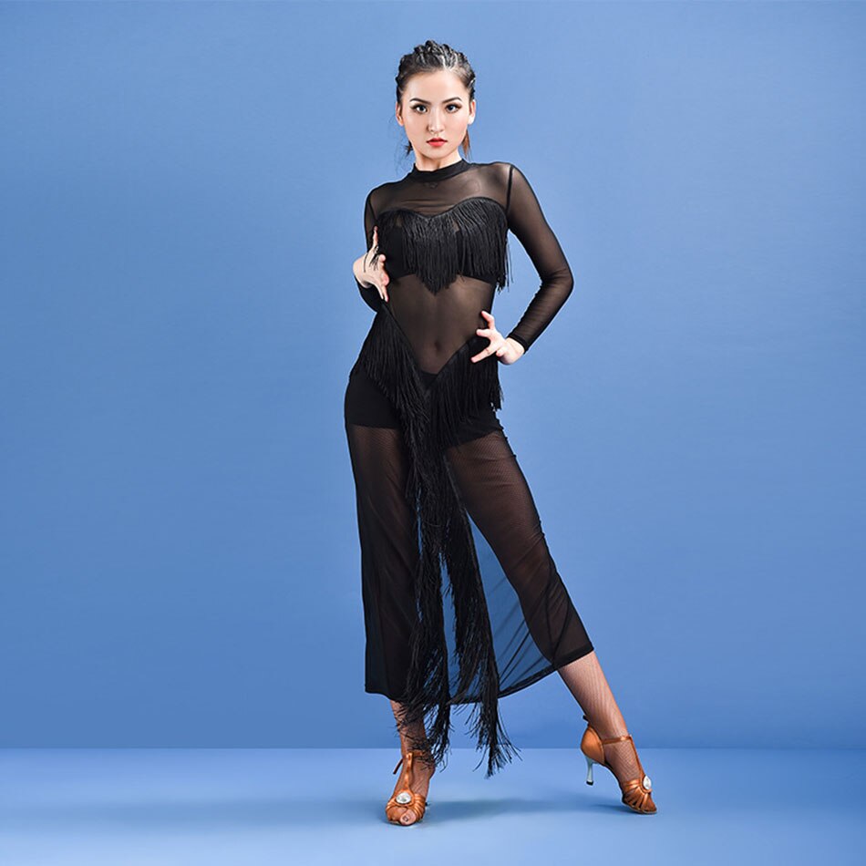 Fringe Latin Dance Dress Women Long Sleeve Tassel Dress for Ballroom Samba Tango Chacha Dancing Performamnce SS011: XXL