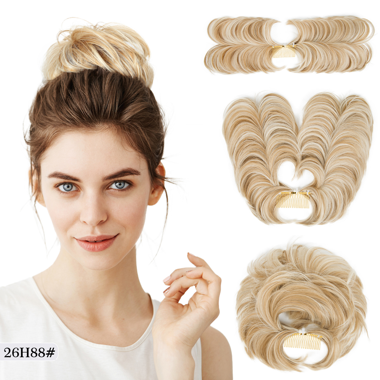 Postiche chignon décoiffé bon marché pour femme, peigne à clipser, court, droit, polyvalent, ébouriffé, facile: T1B/4/30