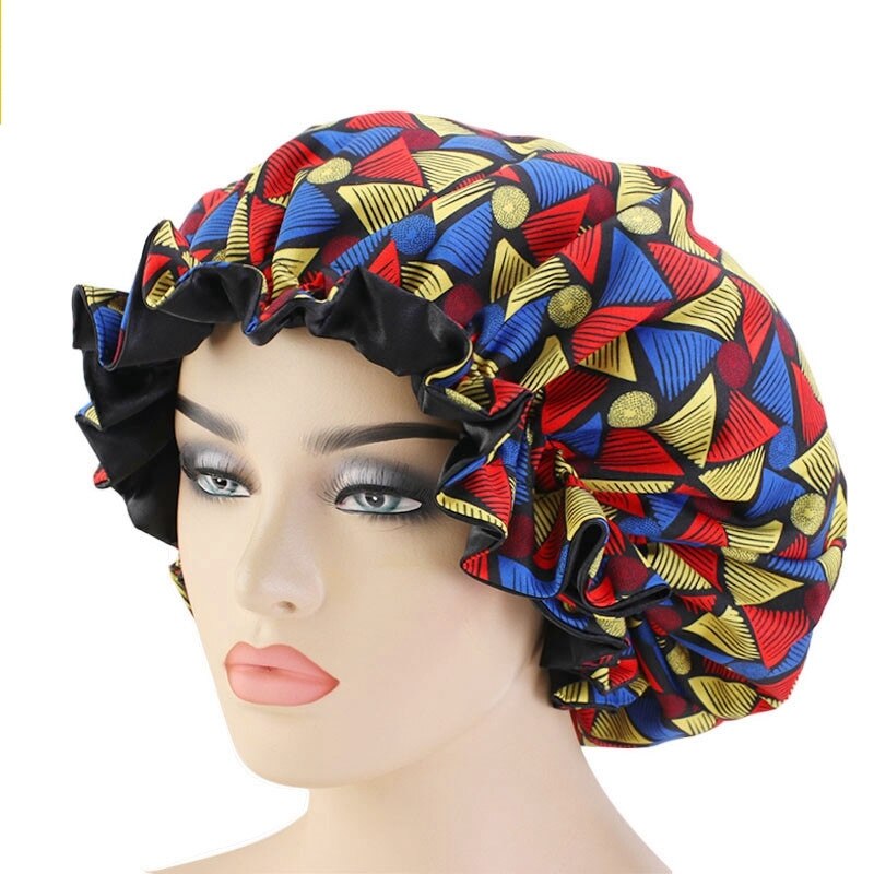 Extra grote haarmutsen met afrikaans patroon, satijnen kap met grote golvende rand, slaapmuts voor vrouwen, bloementulband, haarstylingtool: Zwart