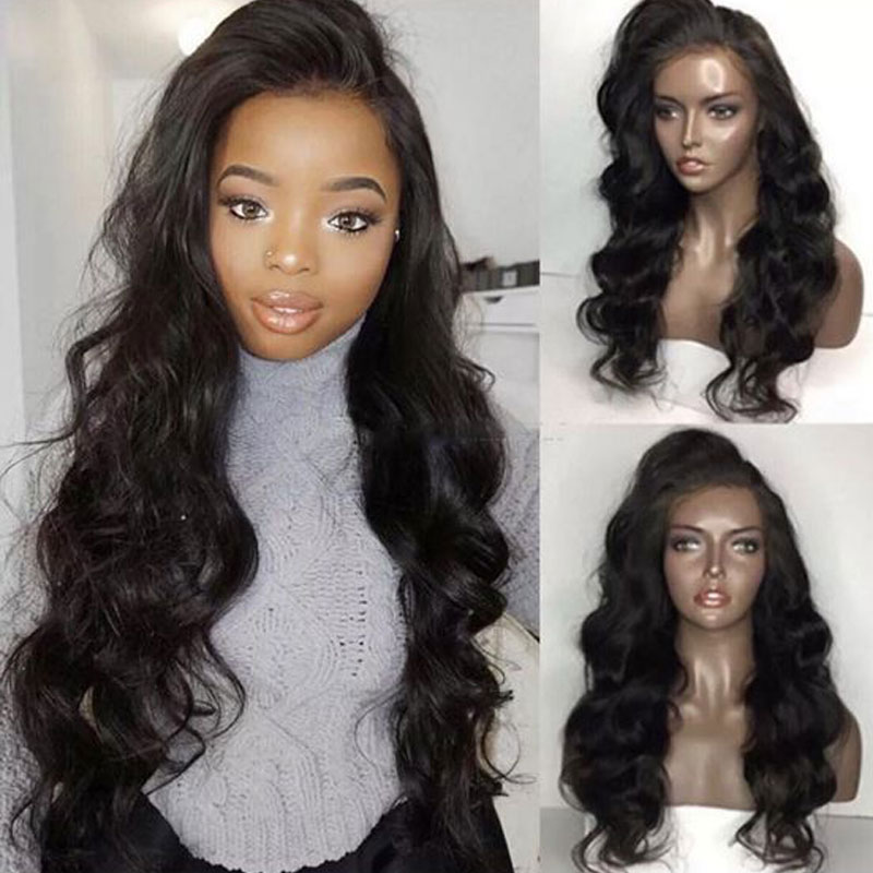 Bombshell sort body wave syntetisk hår blonder front paryk varmebestandigt fiber hår naturlig hårgrænse sideskilning til kvinder parykker