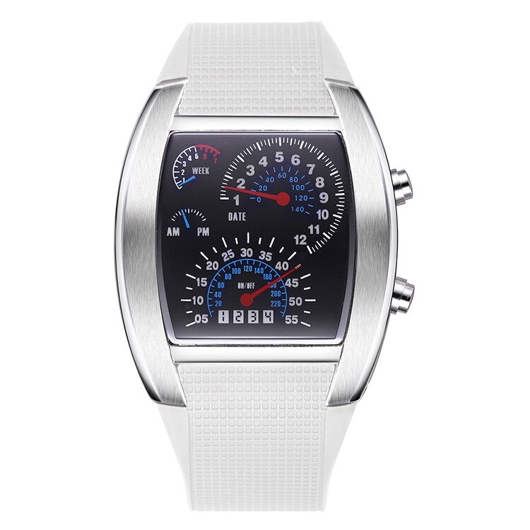 Flash azul LED Turbo RPM para hombre, reloj de Dial para coche deportivo, negro completo, de acero inoxidable, rectangular, medidor de aire: Silver Case White