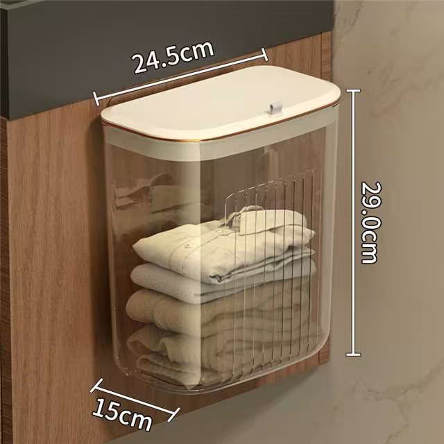 Luxe aan de muur gemonteerde wasmand, zonder boren, hangende mand voor vuile kleren met deksel voor badkamer/slaapkamer, transparante opbergbak: YELLOW