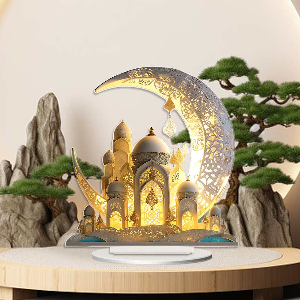 Ramadan Decor 2D Acrylic Moon Castle Decoration with Base Tabletop Centerpiece for Home Living Room Office Bookshelf