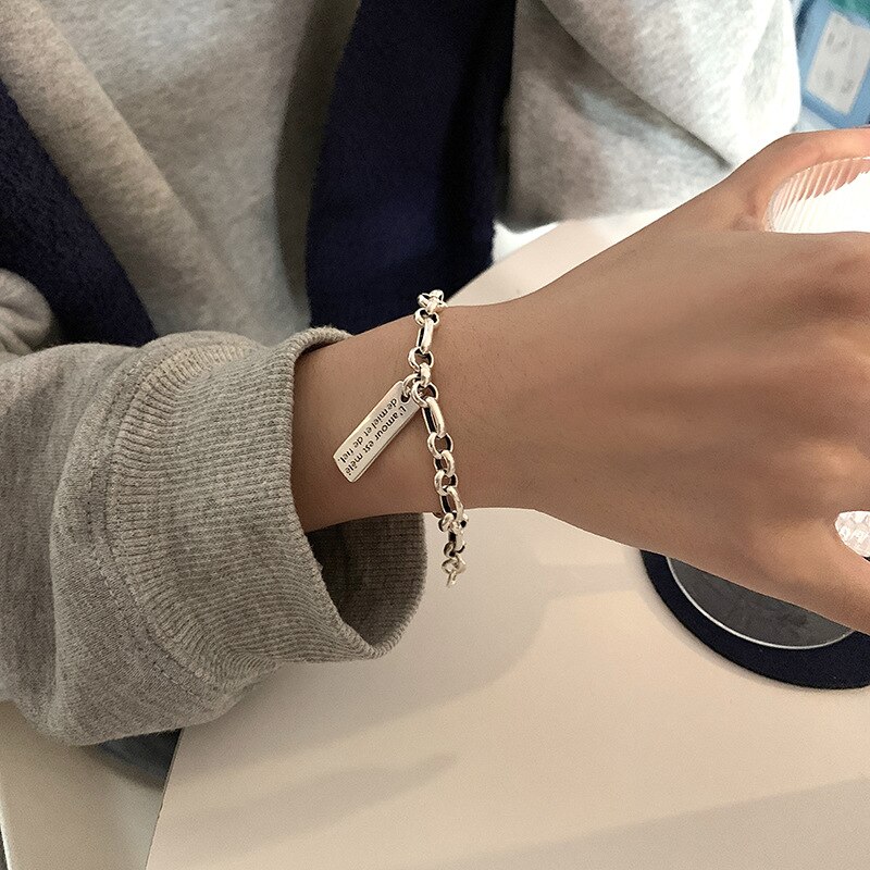 925 Sterling Silver Square Alphabet Bracelet for Women Men Thai Silver Chain Bracelet Vintage Jewelry S-B182