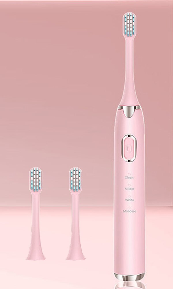 Elektryczna szczoteczka ultradźwiękowa BS-201 dorosły zegar szczotka 4 tryb USB ładowarka akumulator IPX8 zamienne końcówki robić szczoteczek robić zębów zestaw: różowy 2 Heads