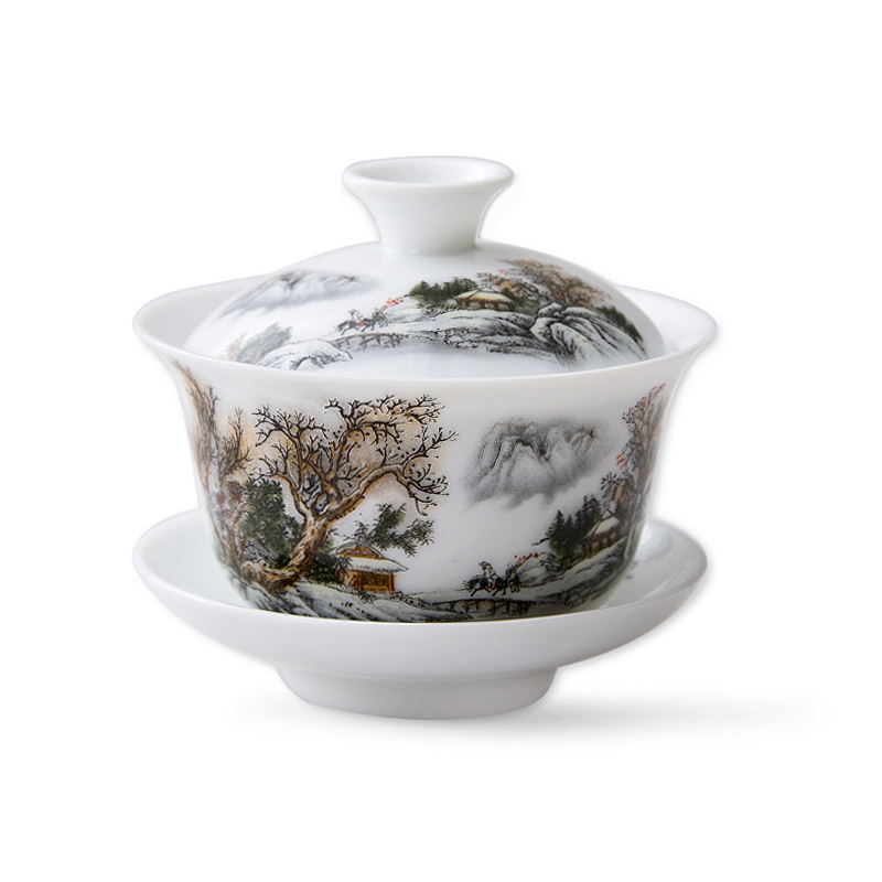 Petit gaiwan 80cc soupière porcelaine céramique | Ensemble de tasses à thé, bol couvert avec couvercle, tasse soucoupe sous glaçure imprimé de mountain river