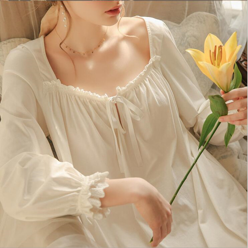 Women White Nightgown Sleepwear Lady Spring Autumn Long Sleeve Nightdress Loose Princess Nightgowns Comfortable Pure Cotton: M