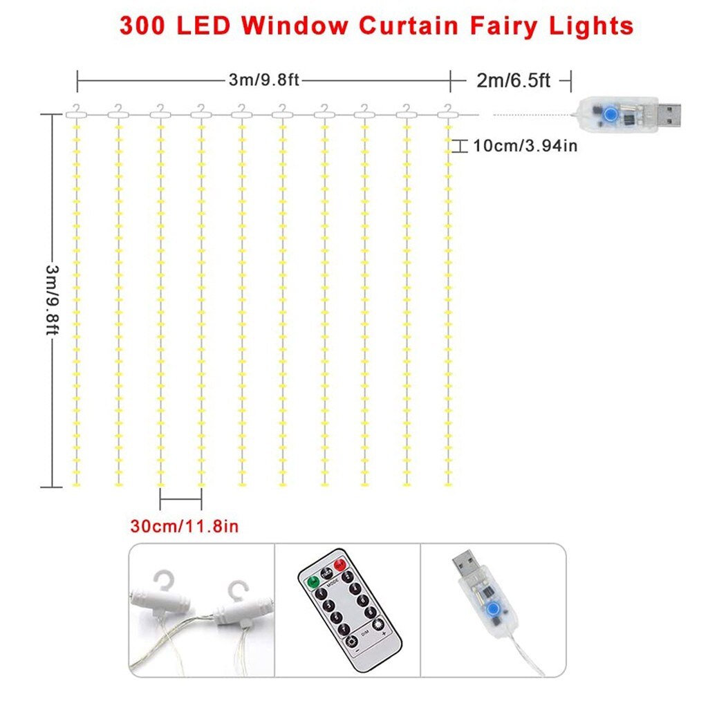 300 LED maison rideaux balcon rayures facile à installer multi-scène utilisation 8 modèles blanc chaîne lumières décoration/30