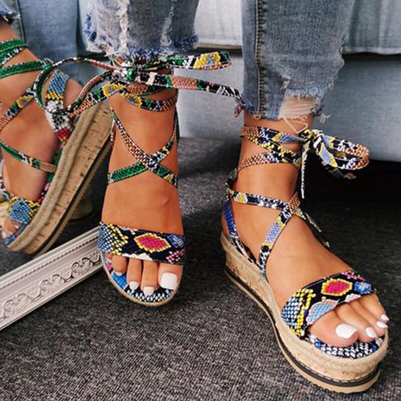 Été femmes serpent sandales plate-forme talons croix sangle cheville dentelle Peep orteil plage fête dames chaussures Zapatos De Mujer