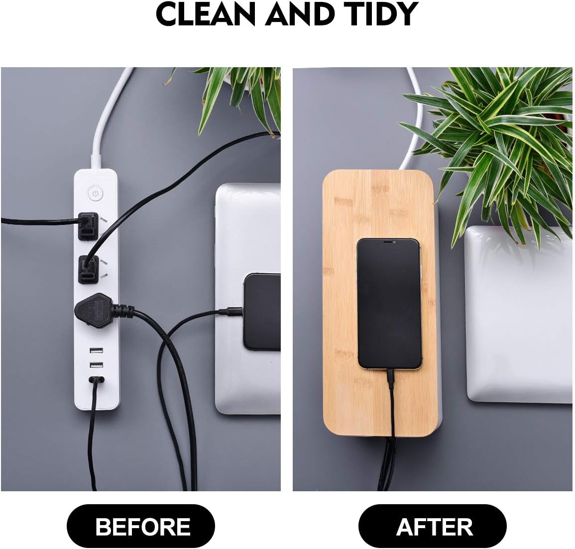 Kabelhåndteringsboks, kabeloppbevaringsboks, støvtett oppbevaringsboks for ledninger, plastoppbevaringsboks med bambus for tv-ledninger, usb-hub