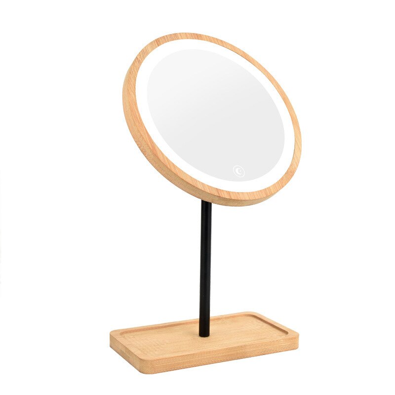 Wooden Desktop LED Makeup Mirror USB Charging Adjustable Bright Diffused 360 Rotation Light Up Mirror: Default Title